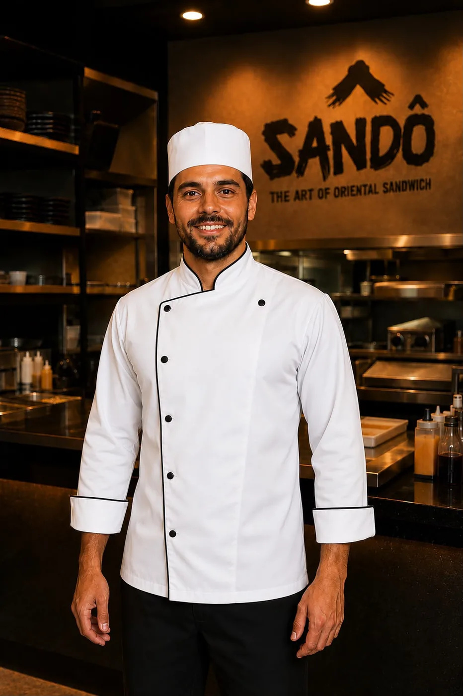 Chef vestindo dólmã branco com vivos pretos